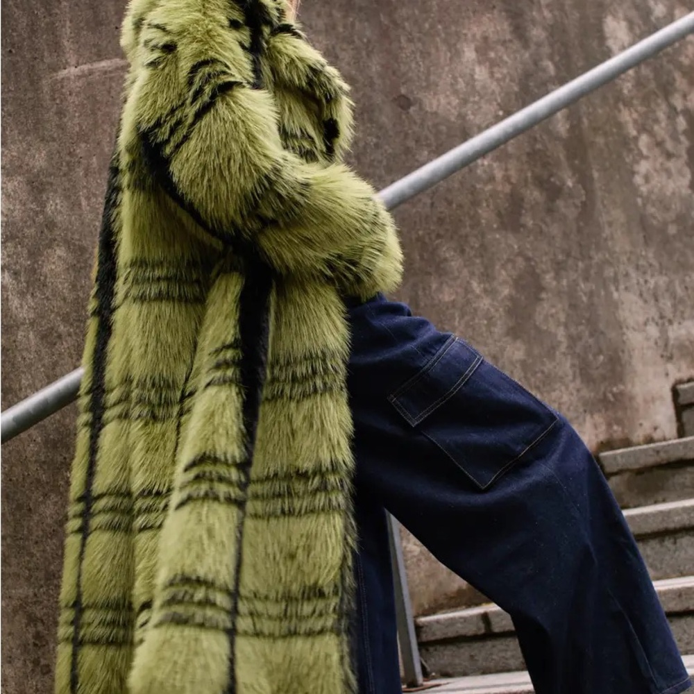 Nasty Gal Lime Green Plaid Faux Fur Long Puffer Coat
